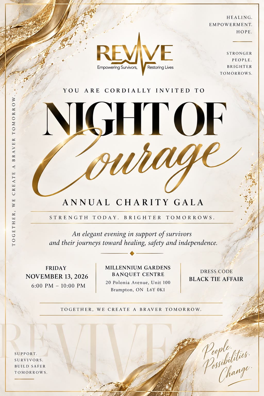 REVIVE Night of Courage Annual Charity Gala, Friday November 13, 2026, 6 PM to 10 PM, Millennium Gardens Banquet Centre, Brampton.